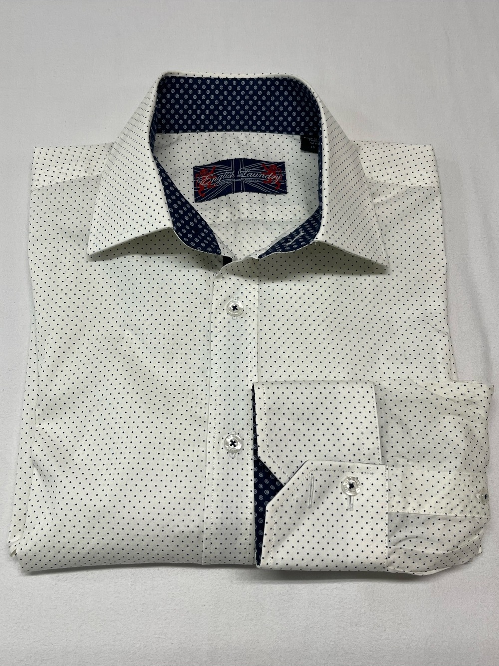 Men’s English Laundry White Dress Shirt with Navy blue Trim & Micro-Dots 1488